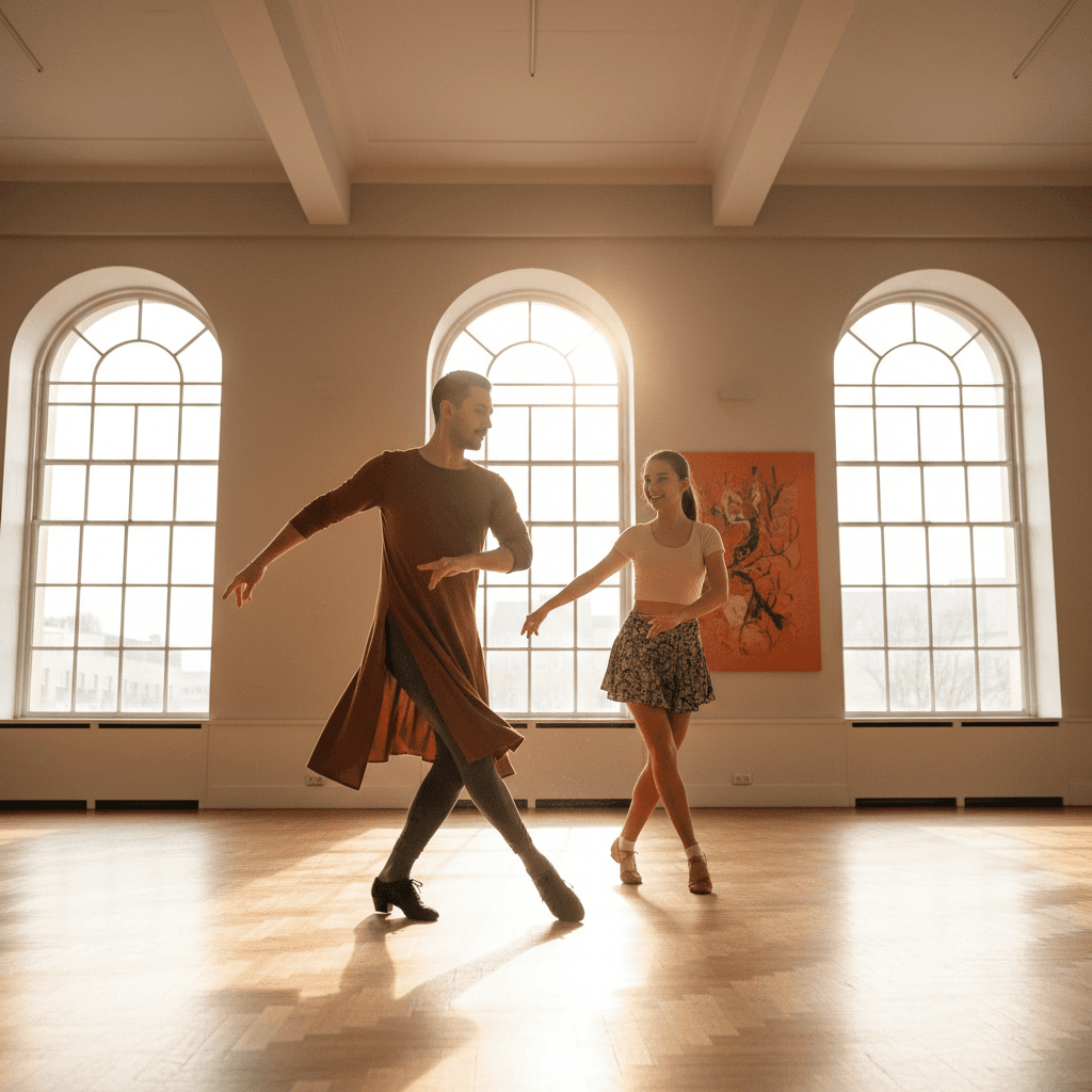 Sofi Sol teaching tango footwork to student in studio