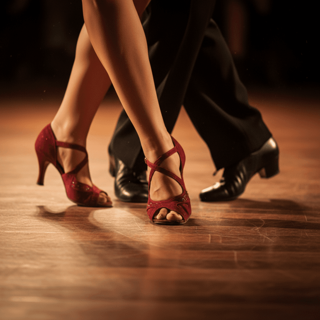 Close-up of tango dancer's precise footwork in motion on a wooden floor