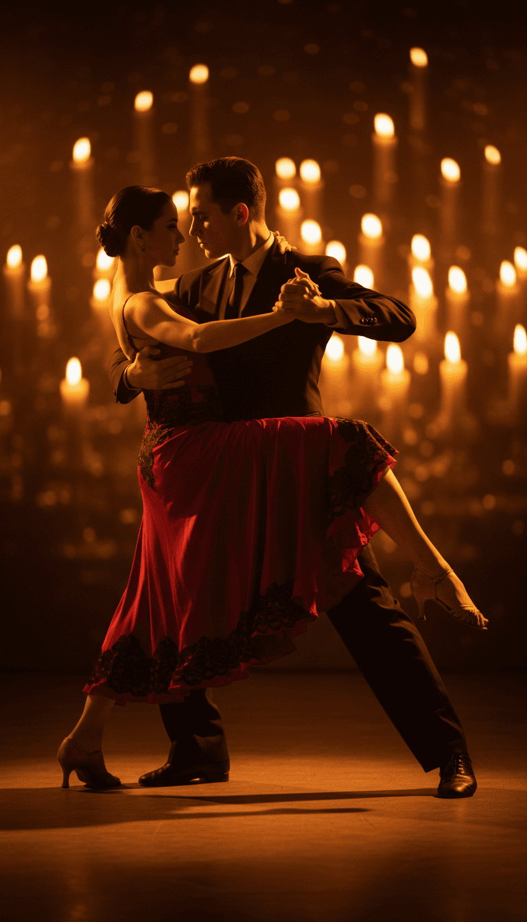 Tango dancer performing with partner in dramatic stage lighting