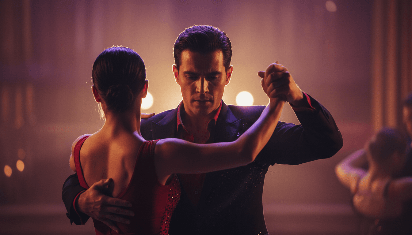 Professional tango dancer performing with passionate expression under dramatic stage lighting