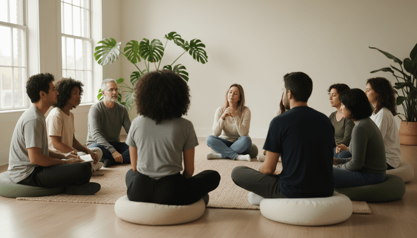 Diverse group of people sitting in circle during wellness workshop with engaged expressions and natural window lighting