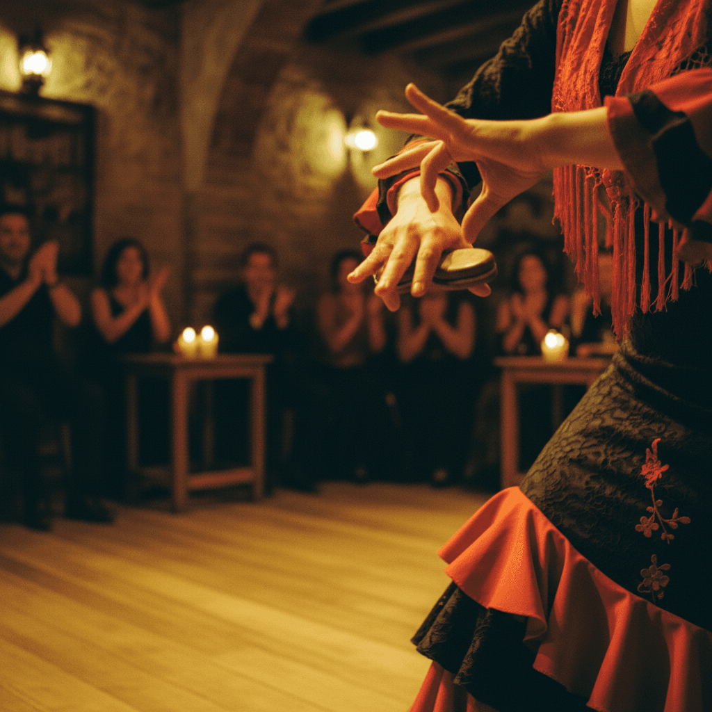 Flamenco dancer's hands clicking castanets in close-up during passionate live performance with warm candlelit tavern ambiance