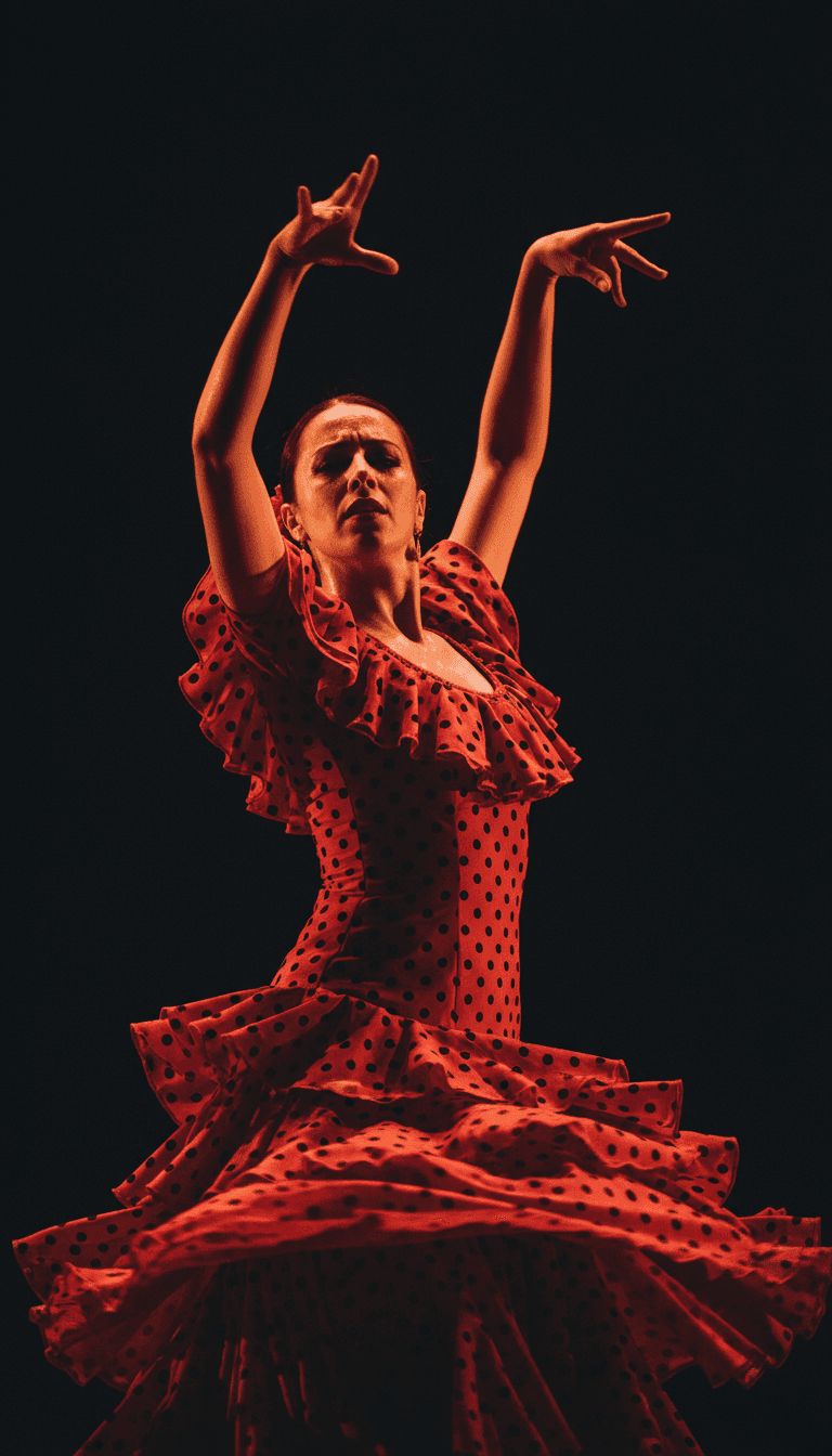 Professional tango dancers performing an expressive routine on stage with dramatic lighting