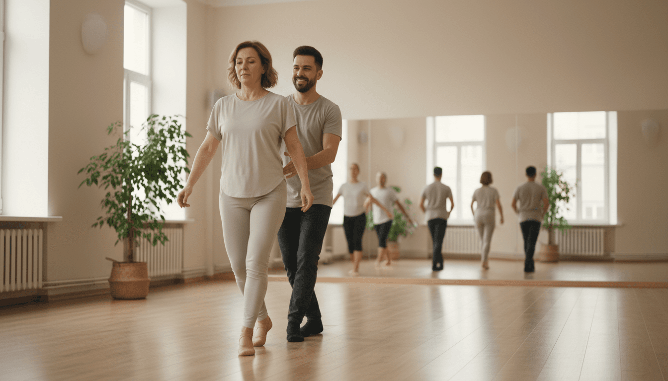 Beginner class watching instructor demonstrate foundational tango step