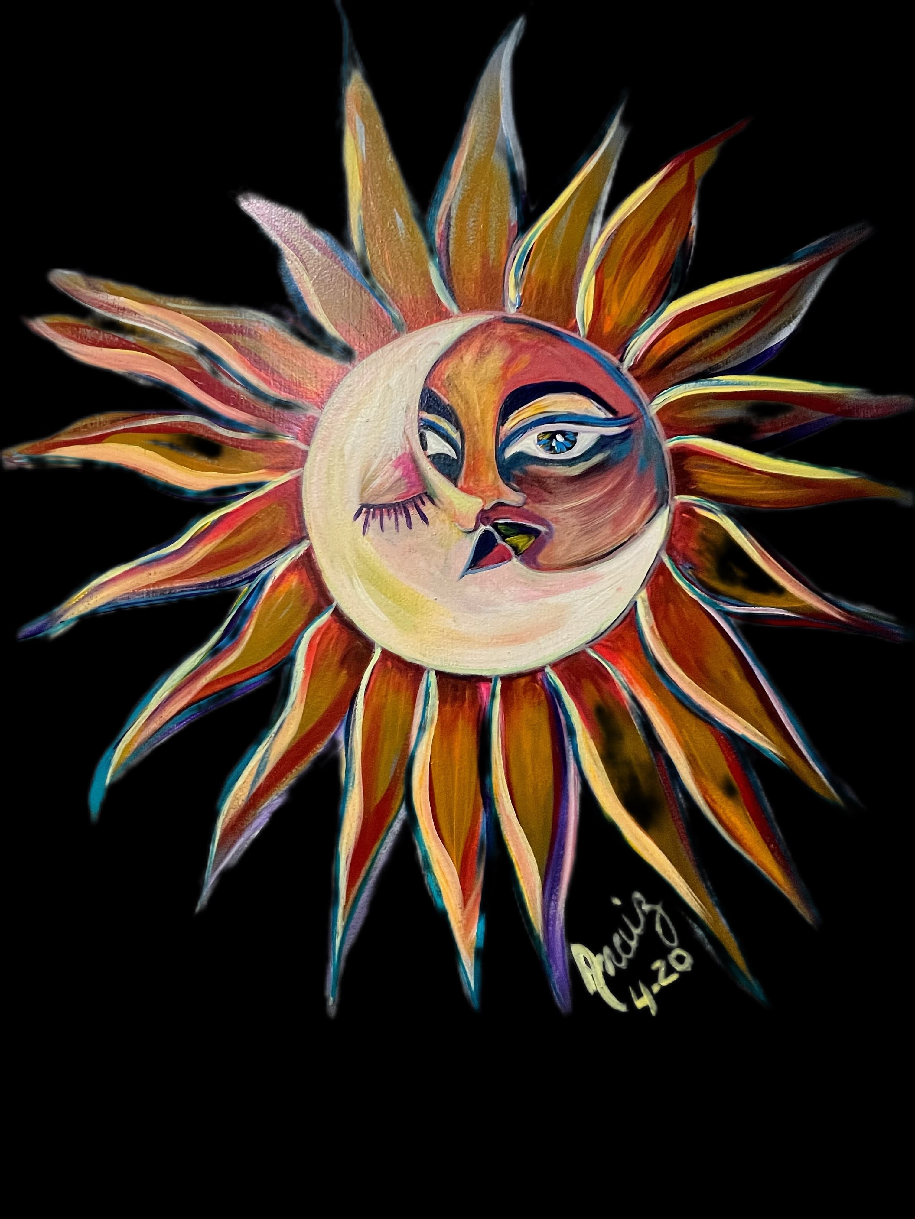 Stylized celestial face merging a crescent moon and sun with vibrant rays on black background.